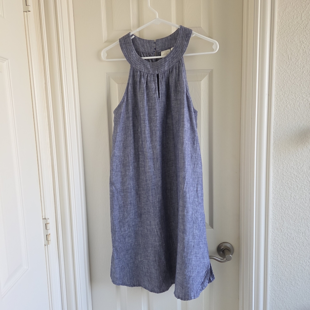 St. Tropez West 100% Linen Blue Chambray Halter Mini Dress Size M Vacation